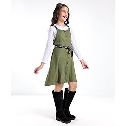Pine Kids Woven Frock With Full Sleeves Inner Tee & Printed Belt - Olive & White