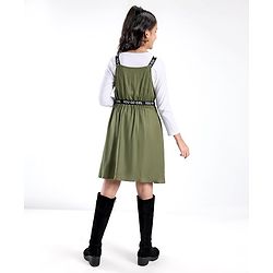 Pine Kids Woven Frock With Full Sleeves Inner Tee & Printed Belt - Olive & White