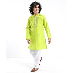 Pine Kids Embroidered Full Sleeves Kurta Pyjama Set- Lime Green