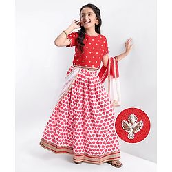Pine Kids Floral Embroidered Half Sleeves Lehenga Choli Set-Red
