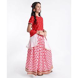 Pine Kids Floral Embroidered Half Sleeves Lehenga Choli Set-Red