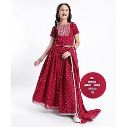 Pine Kids All Over Printed Half Sleeves Lehenga Choli Set- Red
