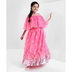Pine Kids Sleeveless All Over Embroidered Lehenga Choli Set- Hot Pink