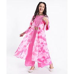 Pine Kids Three Fourth Sleeves Embroidered Tie and Dye Kurti Churidar Set with Shrug - Pink