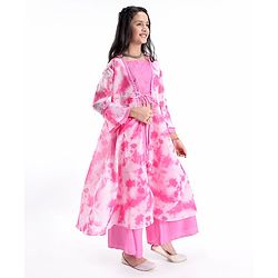 Pine Kids Three Fourth Sleeves Embroidered Tie and Dye Kurti Churidar Set with Shrug - Pink