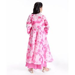 Pine Kids Three Fourth Sleeves Embroidered Tie and Dye Kurti Churidar Set with Shrug - Pink