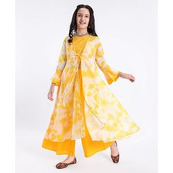Pine Kids Three Fourth Sleeves Embroidered Tie & Dye Kurti Churidar Set with Shrug - Yellow