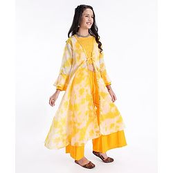 Pine Kids Three Fourth Sleeves Embroidered Tie & Dye Kurti Churidar Set with Shrug - Yellow