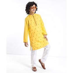 Pine Kids Embroidered Full Sleeves Kurta Pyjama Set- Mustard