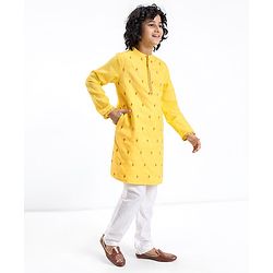 Pine Kids Embroidered Full Sleeves Kurta Pyjama Set- Mustard