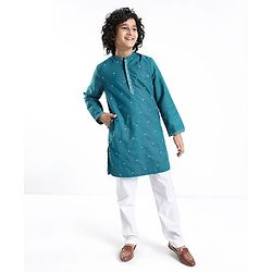 Pine Kids Cotton All Over Embroidered Full Sleeves Kurta Pyjama Set- Teal Blue