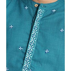 Pine Kids Cotton All Over Embroidered Full Sleeves Kurta Pyjama Set- Teal Blue