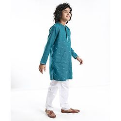 Pine Kids Cotton All Over Embroidered Full Sleeves Kurta Pyjama Set- Teal Blue