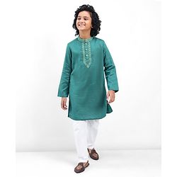Pine Kids Woven Full Sleeves Kurta Pyjama Set Embroidered - Teal Blue