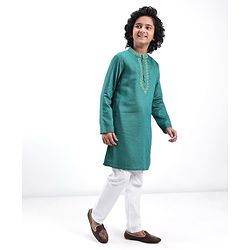 Pine Kids Woven Full Sleeves Kurta Pyjama Set Embroidered - Teal Blue