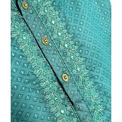 Pine Kids Woven Full Sleeves Kurta Pyjama Set Embroidered - Teal Blue