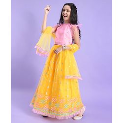 Pine Kids Woven Half Sleeves Lehenga Choli Set Embroidered - Yellow & Pink