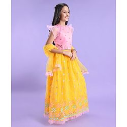 Pine Kids Woven Half Sleeves Lehenga Choli Set Embroidered - Yellow & Pink
