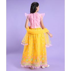Pine Kids Woven Half Sleeves Lehenga Choli Set Embroidered - Yellow & Pink