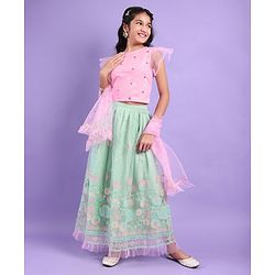 Pine Kids All Over Floral Embroidered Half Sleeves Choli Lehanga Set - Light Blue