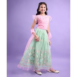 Pine Kids All Over Floral Embroidered Half Sleeves Choli Lehanga Set - Light Blue