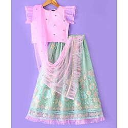 Pine Kids All Over Floral Embroidered Half Sleeves Choli Lehanga Set - Light Blue