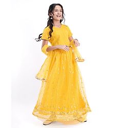 Pine Kids All Over Embroidered Half Sleeves Choli Lehenga  Set- Yellow