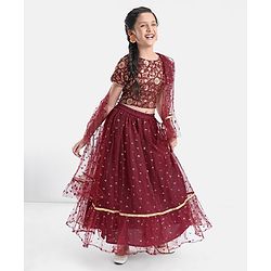 Pine Kids Woven Half Sleeves Brocade Choli Lehenga Set With Dupatta- Maroon