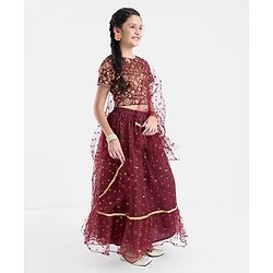 Pine Kids Woven Half Sleeves Brocade Choli Lehenga Set With Dupatta- Maroon