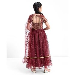 Pine Kids Woven Half Sleeves Brocade Choli Lehenga Set With Dupatta- Maroon