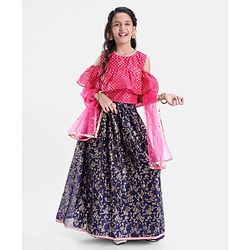 Pine Kids Cold Shoulder Sleeves All Over Printed Choli Lehanga  Set - Navy