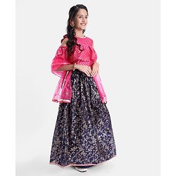Pine Kids Cold Shoulder Sleeves All Over Printed Choli Lehanga  Set - Navy