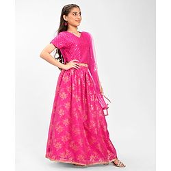 Pine Kids Embroidered Half Sleeves Choli Lehenga  Set- Pink