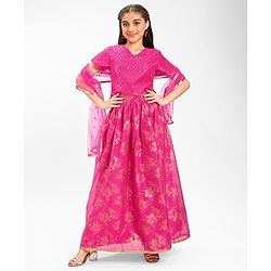 Pine Kids Embroidered Half Sleeves Choli Lehenga  Set- Pink
