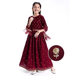 Pine Kids Woven Three Fourth Sleeves Lehenga Choli Set All Over Embroidered - Maroon