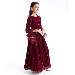 Pine Kids Woven Three Fourth Sleeves Lehenga Choli Set All Over Embroidered - Maroon