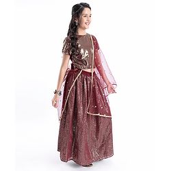 Pine Kids Half Sleeves Sequined Choli and Lehenga with Lace Border Dupatta - Maroon