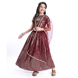 Pine Kids Half Sleeves Sequined Choli and Lehenga with Lace Border Dupatta - Maroon