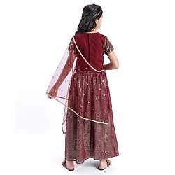 Pine Kids Half Sleeves Sequined Choli and Lehenga with Lace Border Dupatta - Maroon