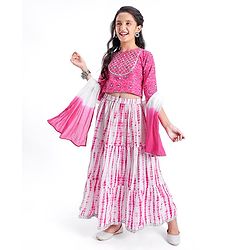 Pine Kids Cotton Three Fourth Sleeves Printed Choli & Tie Dye Lehenga Set- Pink