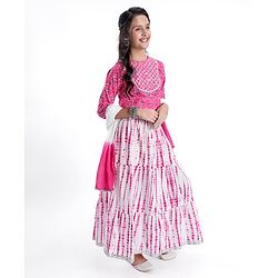 Pine Kids Cotton Three Fourth Sleeves Printed Choli & Tie Dye Lehenga Set- Pink