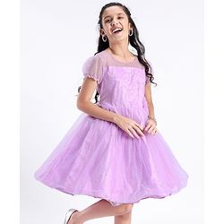 Pine Kids Half Sleeves Party Dress with Floral Applique & Glitter Print - Lilac