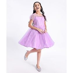 Pine Kids Half Sleeves Party Dress with Floral Applique & Glitter Print - Lilac