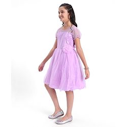 Pine Kids Half Sleeves Party Dress with Floral Applique & Glitter Print - Lilac