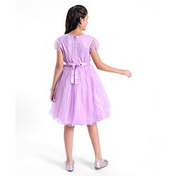 Pine Kids Half Sleeves Party Dress with Floral Applique & Glitter Print - Lilac
