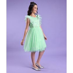 Pine Kids Cap Sleeves Glitter Printed Partywear Dress- Mint