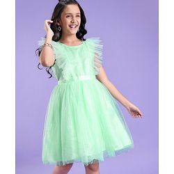 Pine Kids Cap Sleeves Glitter Printed Partywear Dress- Mint