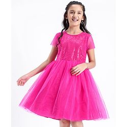 Pine Kids Half Sleeves Sequin Knee Length Party Wear Dress- Hot Pink