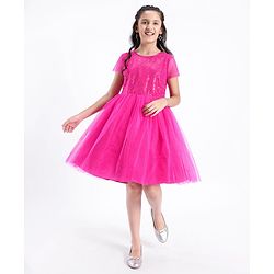 Pine Kids Half Sleeves Sequin Knee Length Party Wear Dress- Hot Pink