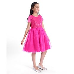 Pine Kids Half Sleeves Sequin Knee Length Party Wear Dress- Hot Pink